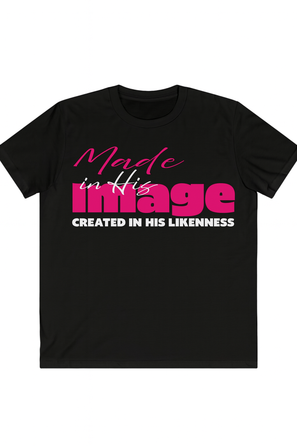 Black t-shirt with pink and white text on a white background