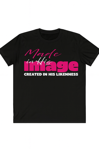 Black t-shirt with pink and white text on a white background