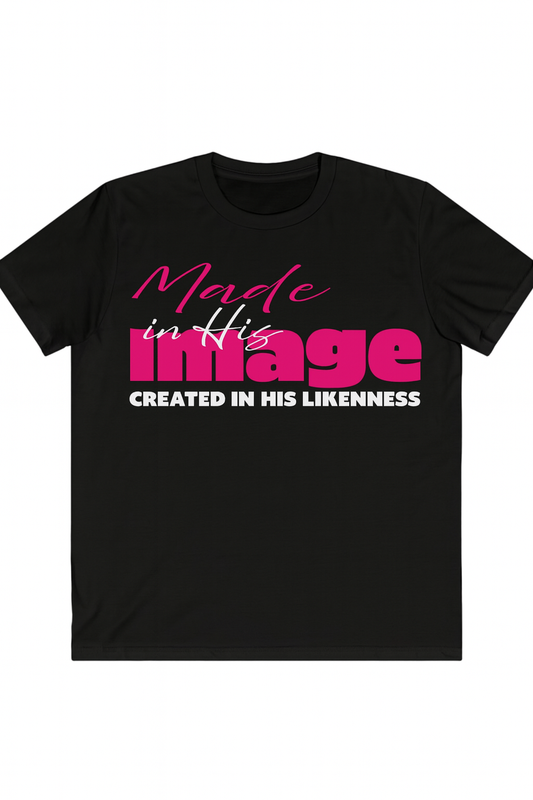 Black t-shirt with pink and white text on a white background