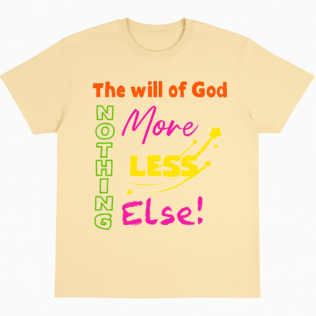 Beige T-shirt with colorful text design on a white background